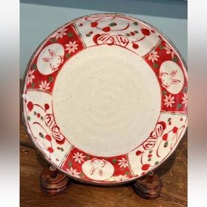 Antique Minoyaki Pottery Peeking Usagi Rabbit Bunny Plate JAPAN Red